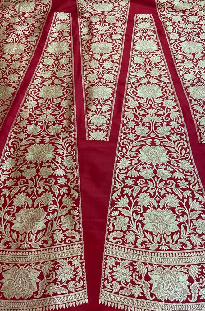 Red Banarasi Pure Katan Silk Unstitched Lehenga Set - Luxurion World