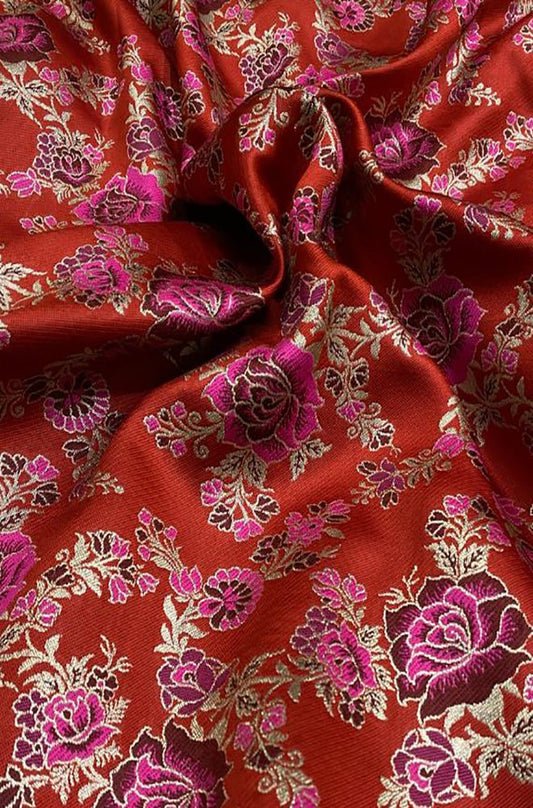 Red Banarasi Silk Meenakari Fabric ( 1 Mtr ) - Luxurion World