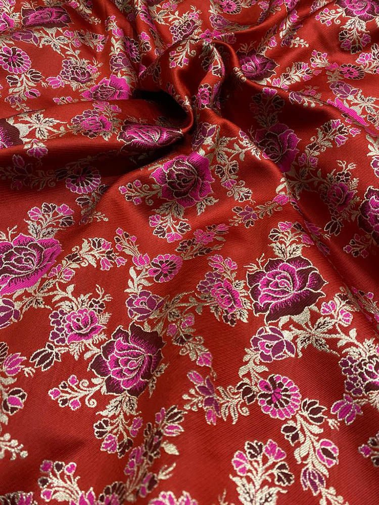 Red Banarasi Silk Meenakari Fabric ( 1 Mtr ) - Luxurion World