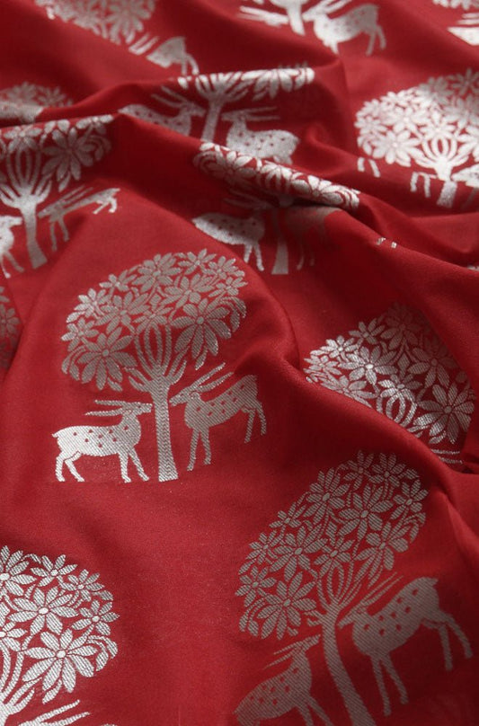 Red Banarasi Silk Silver Zari Deer Design Fabric ( 0.75 Mtr) - Luxurion World