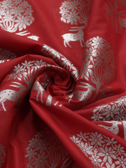 Red Banarasi Silk Silver Zari Deer Design Fabric (1 Mtr) Luxurionworld