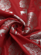 Red Banarasi Silk Silver Zari Deer Design Fabric ( 0.75 Mtr) - Luxurion World