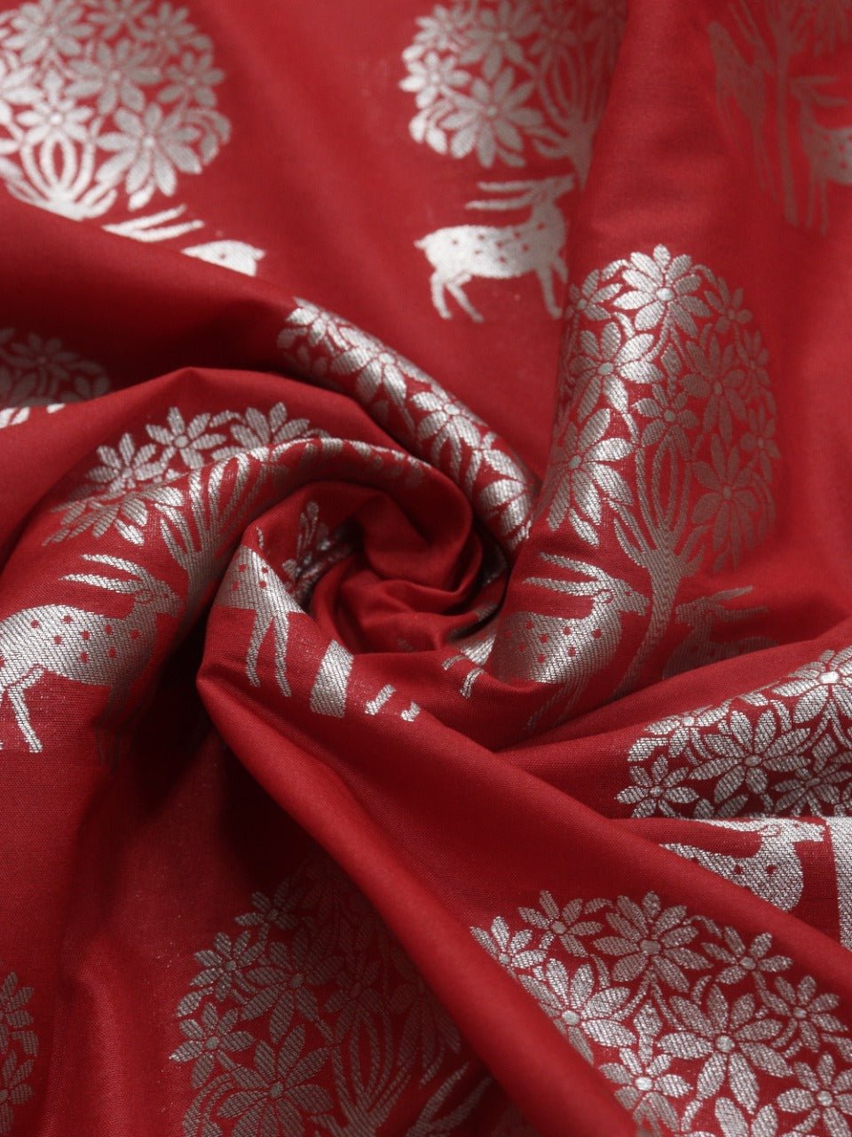 Red Banarasi Silk Silver Zari Deer Design Fabric ( 0.75 Mtr) - Luxurion World