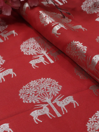 Red Banarasi Silk Silver Zari Deer Design Fabric (1 Mtr) Luxurionworld