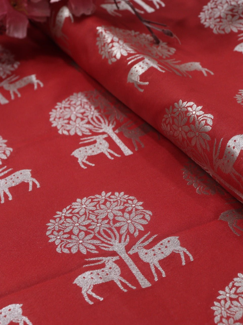 Red Banarasi Silk Silver Zari Deer Design Fabric ( 0.75 Mtr) - Luxurion World
