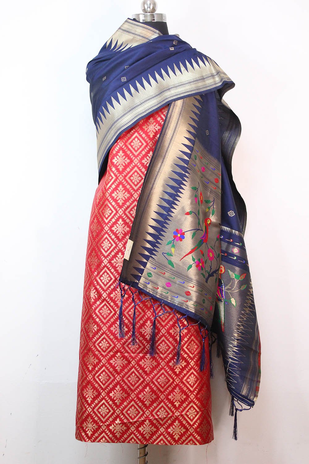 Red Banarasi Silk Suit With Blue Paithani Silk Dupatta - Luxurion World