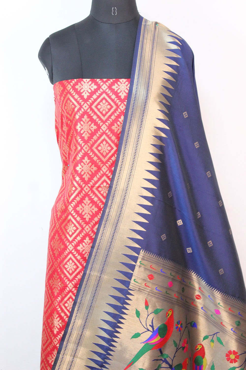 Red Banarasi Silk Suit With Blue Paithani Silk Dupatta - Luxurion World