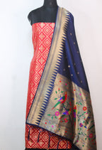 Red Banarasi Silk Suit With Blue Paithani Silk Dupatta - Luxurion World