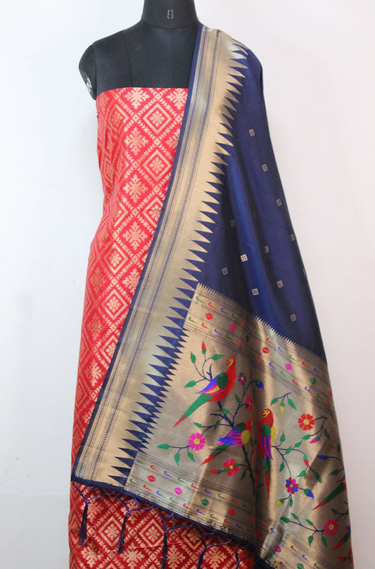Red Banarasi Silk Suit With Blue Paithani Silk Dupatta - Luxurion World