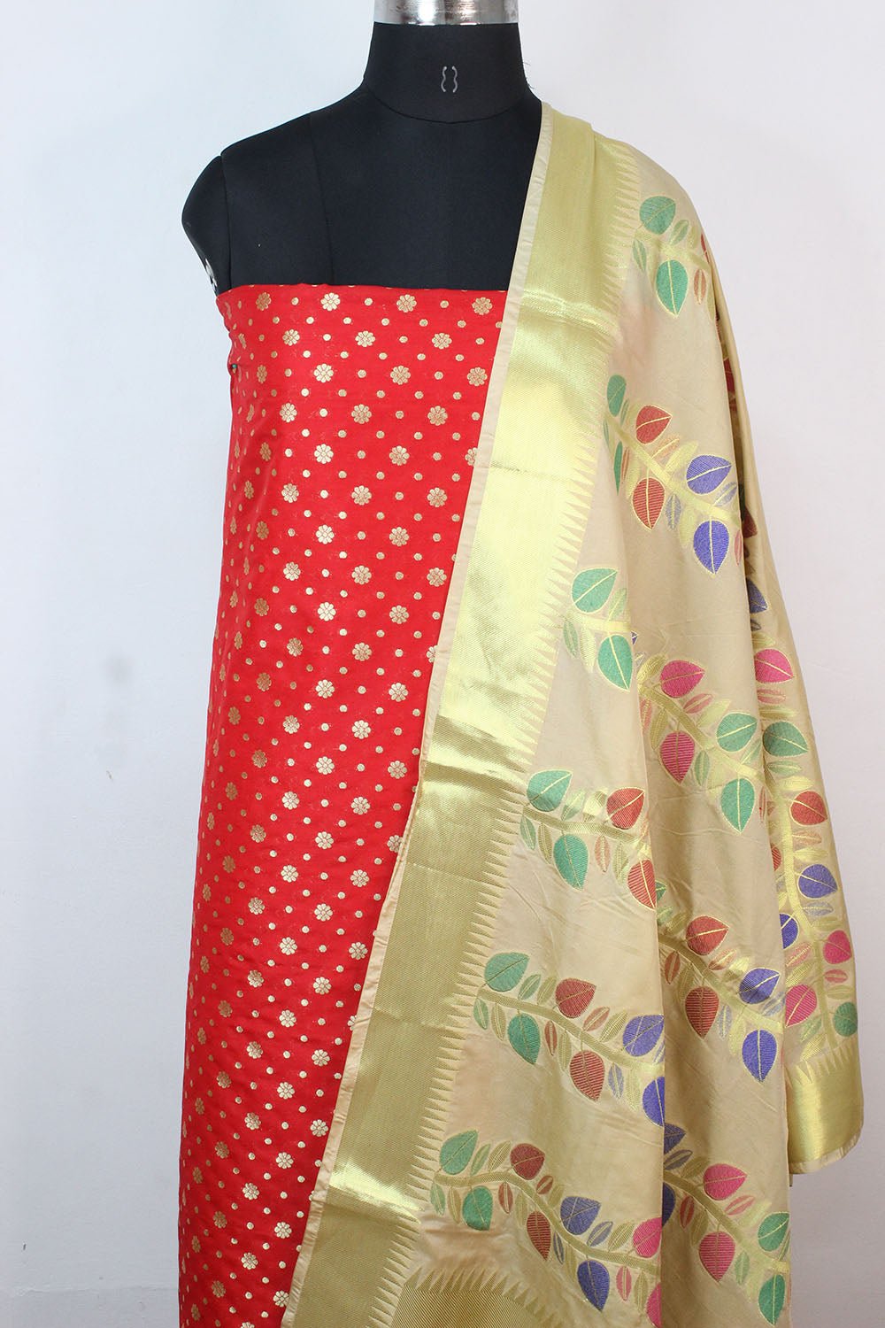 Red Banarasi Silk Suit With Cream Banarasi Silk Dupatta - Luxurion World