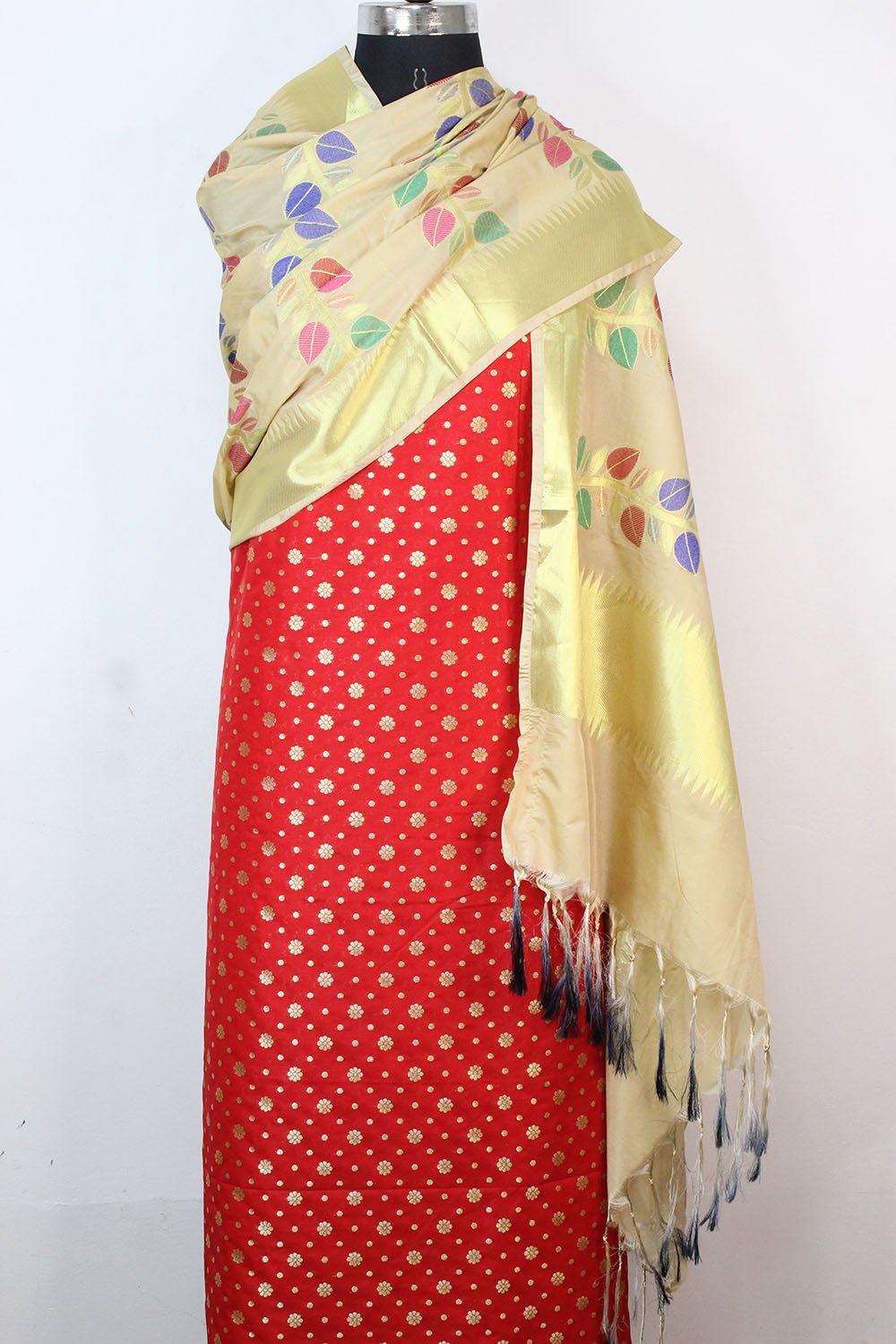 Red Banarasi Silk Suit With Cream Banarasi Silk Dupatta - Luxurion World