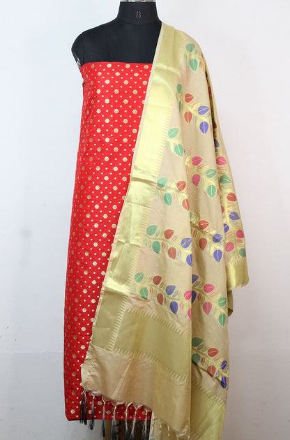 Red Banarasi Silk Suit With Cream Banarasi Silk Dupatta - Luxurion World