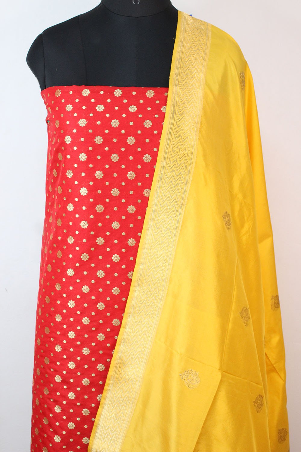 Red Banarasi Silk Suit With Yellow Handloom Banarasi Pure Katan Silk Dupatta - Luxurion World