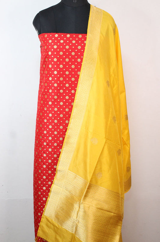 Red Banarasi Silk Suit With Yellow Handloom Banarasi Pure Katan Silk Dupatta - Luxurion World