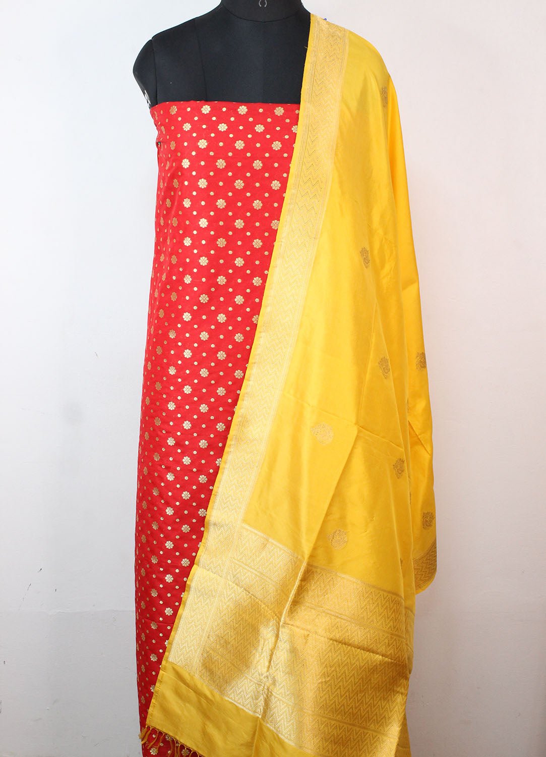 Red Banarasi Silk Suit With Yellow Handloom Banarasi Pure Katan Silk Dupatta - Luxurion World