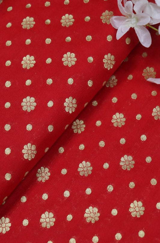 Red Banarasi Silk Zari Booti Design Fabric (1 Mtr )