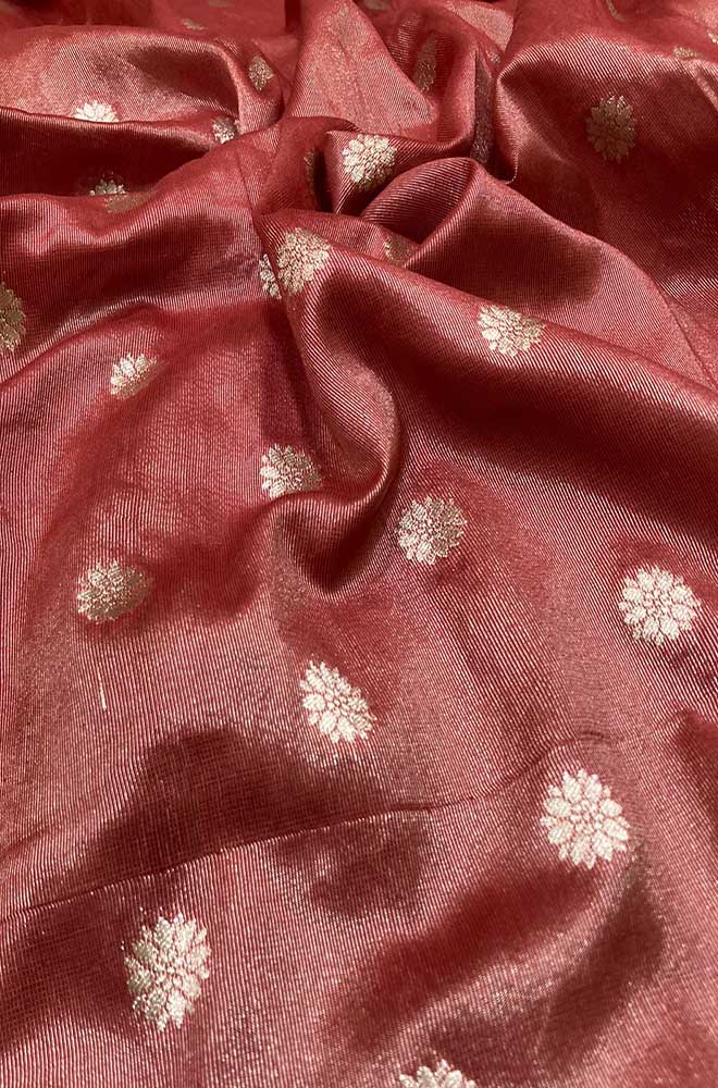 Red Banarasi Tissue Silk Zari Booti Design Fabric ( 1 Mtr )