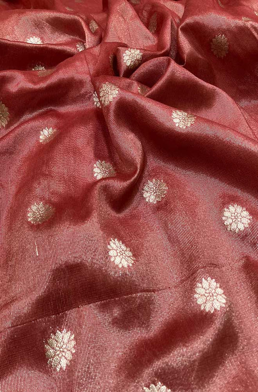 Red Banarasi Tissue Silk Zari Booti Design Fabric ( 1 Mtr ) - Luxurion World