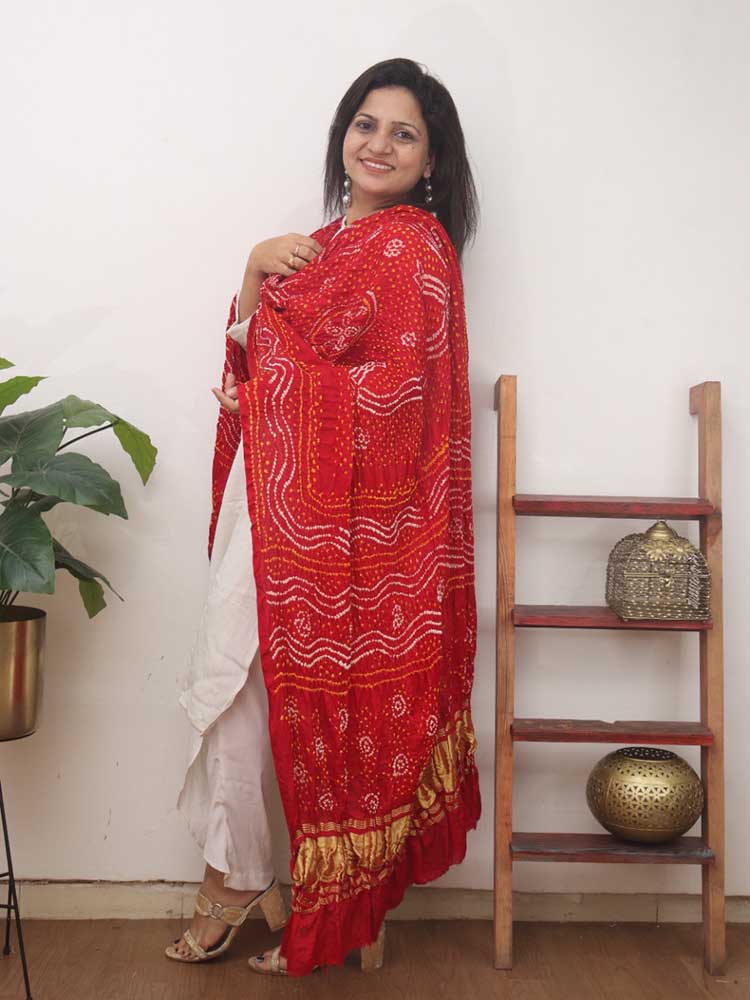 Red Bandhani Gajji Silk Dupatta - Luxurion World