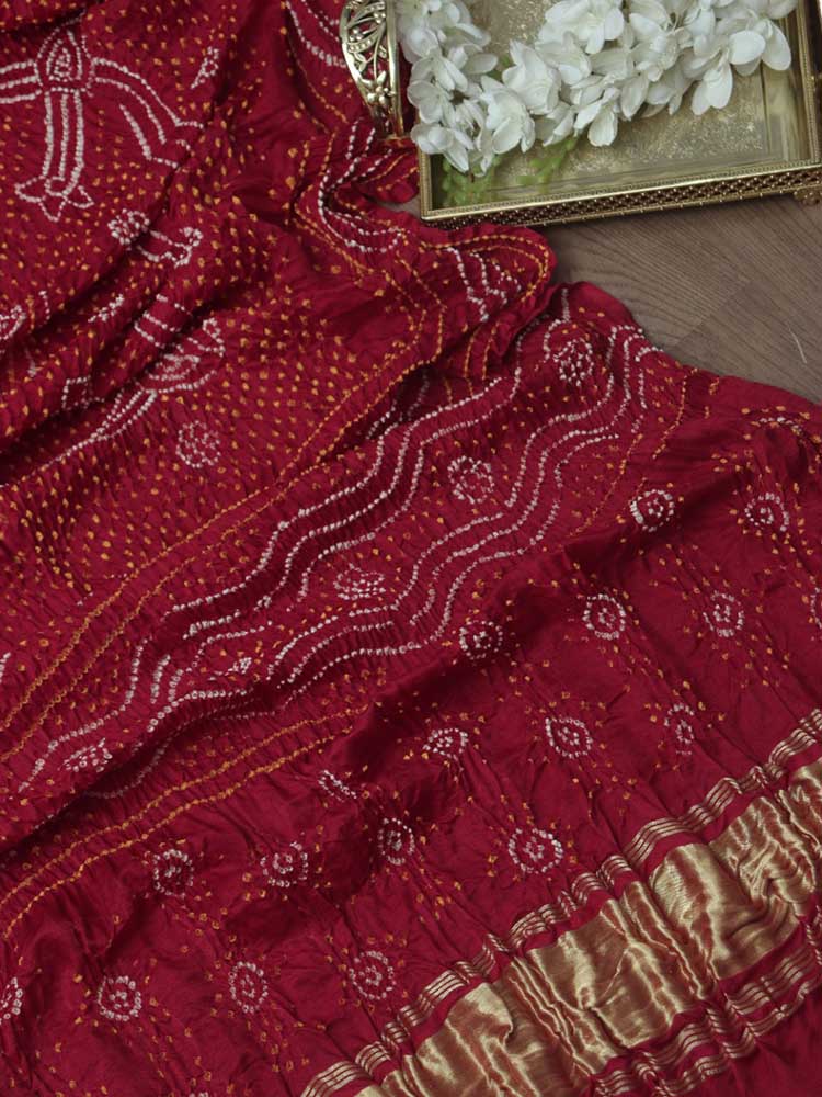 Red Bandhani Gajji Silk Dupatta - Luxurion World