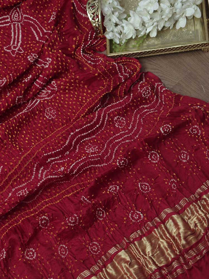 Red Bandhani Gajji Silk Dupatta - Luxurion World