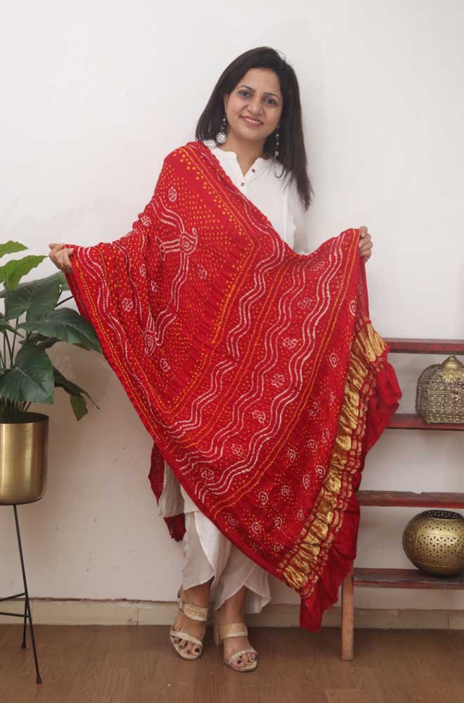 Red Bandhani Gajji Silk Dupatta - Luxurion World
