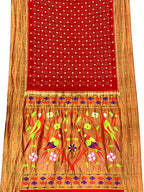 Red Bandhani Paithani Pure Silk Parrot And Floral Design Saree With Triple Muniya Border - Luxurion World