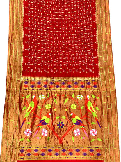 Red Bandhani Paithani Pure Silk Parrot And Floral Design Saree With Triple Muniya Border - Luxurion World