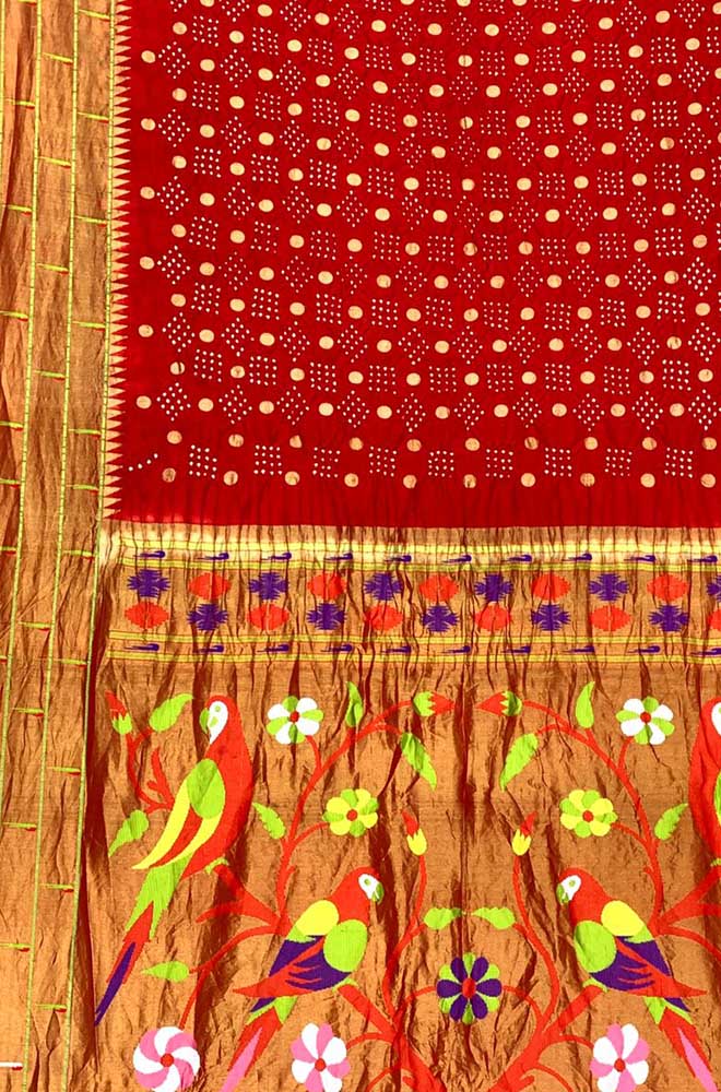 Red Bandhani Paithani Pure Silk Parrot And Floral Design Saree With Triple Muniya Border