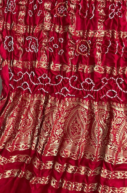 Red Bandhani Pure Gajji Silk Checks Design Dupatta - Luxurion World
