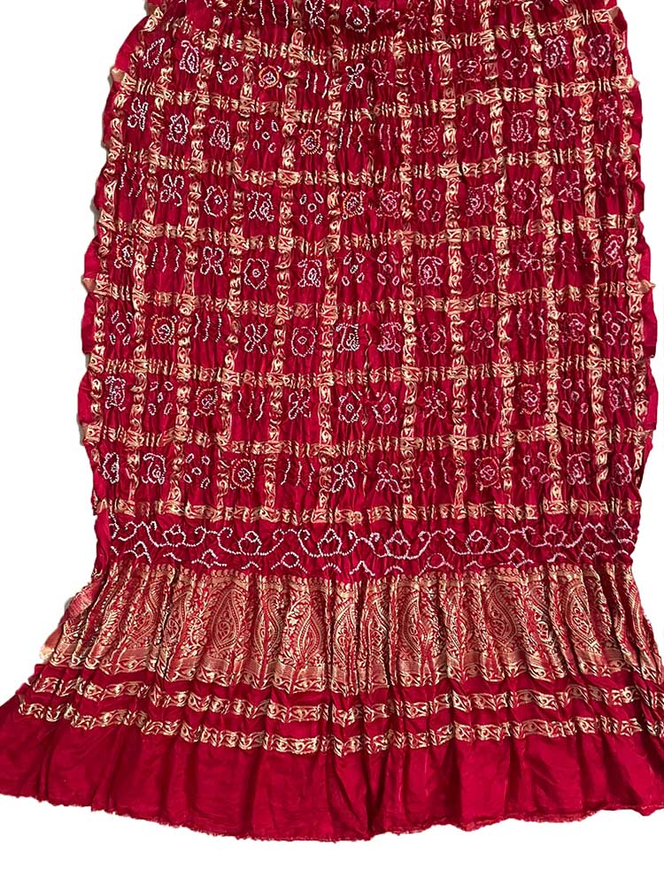 Red Bandhani Pure Gajji Silk Checks Design Dupatta - Luxurion World