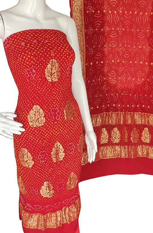 Red Bandhani Pure Georgette Three Piece Unstitched Suit Set