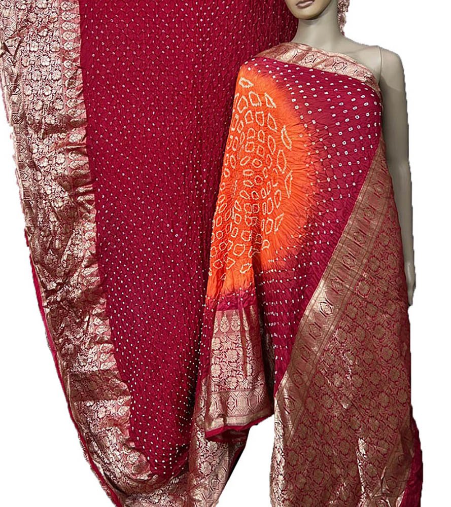Red Bandhani Pure Silk Kanjeevaram Border Saree - Luxurion World