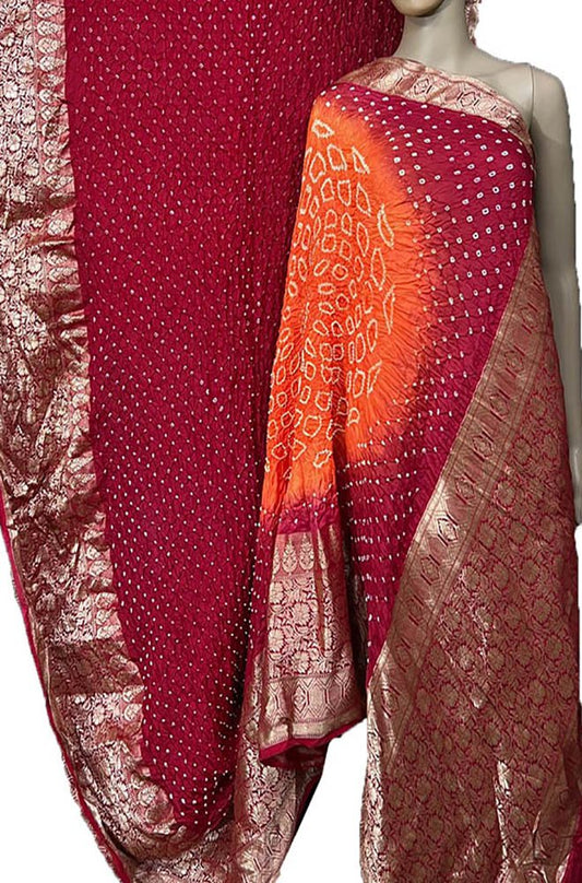 Red Bandhani Pure Silk Kanjeevaram Border Saree - Luxurion World