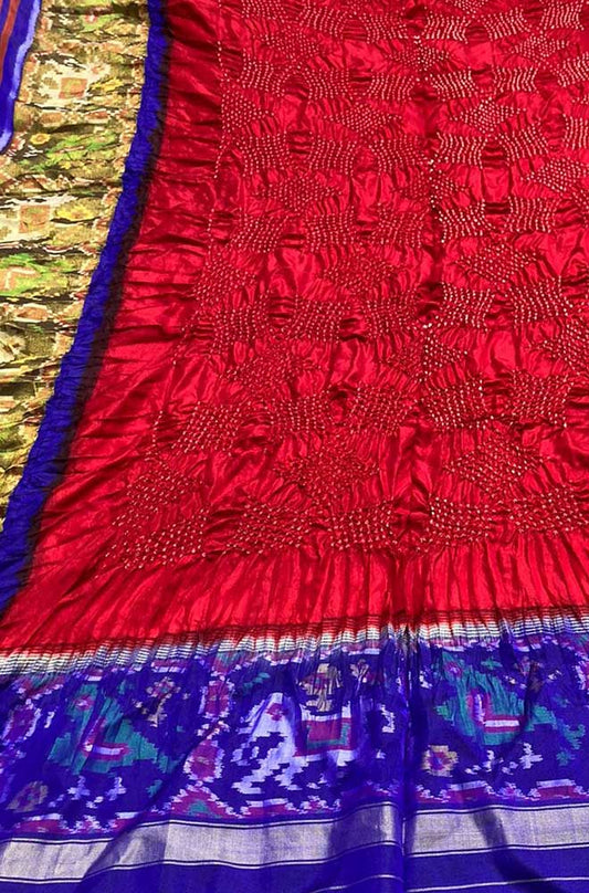 Red Bandhani Single Ikat Patola Pure Silk Dupatta - Luxurion World