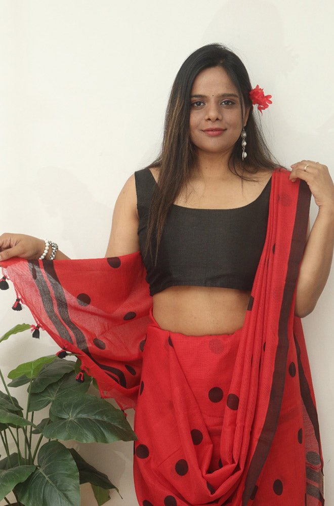 Red Bengal Cotton Polka Dots Saree - Luxurion World