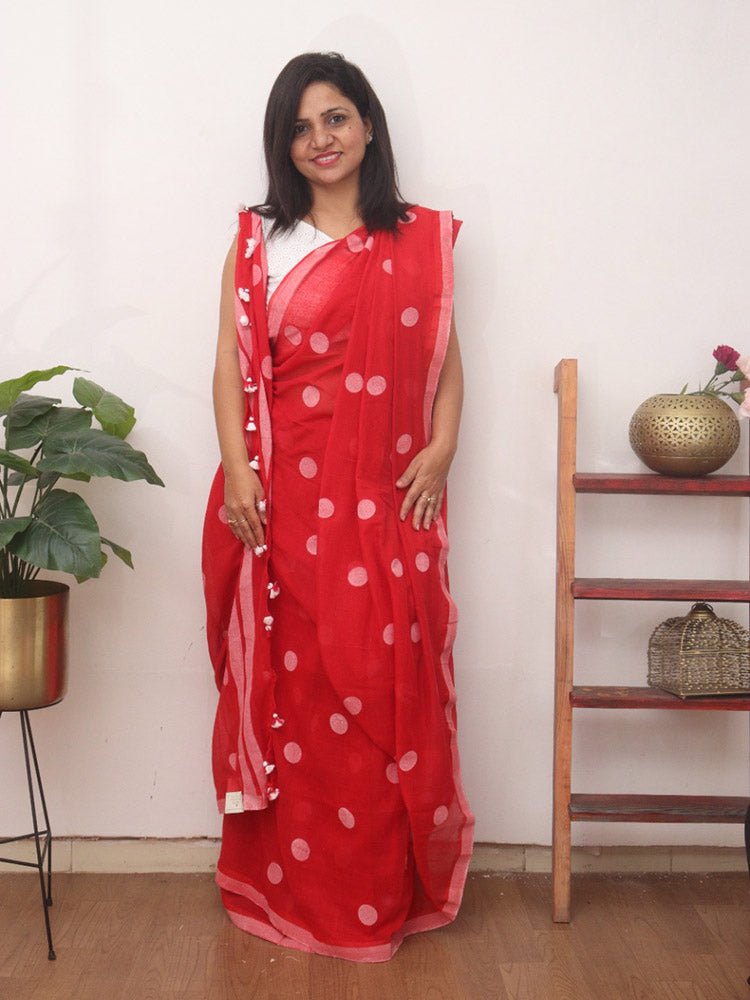 Red Bengal Cotton Polka Dots Saree - Luxurion World