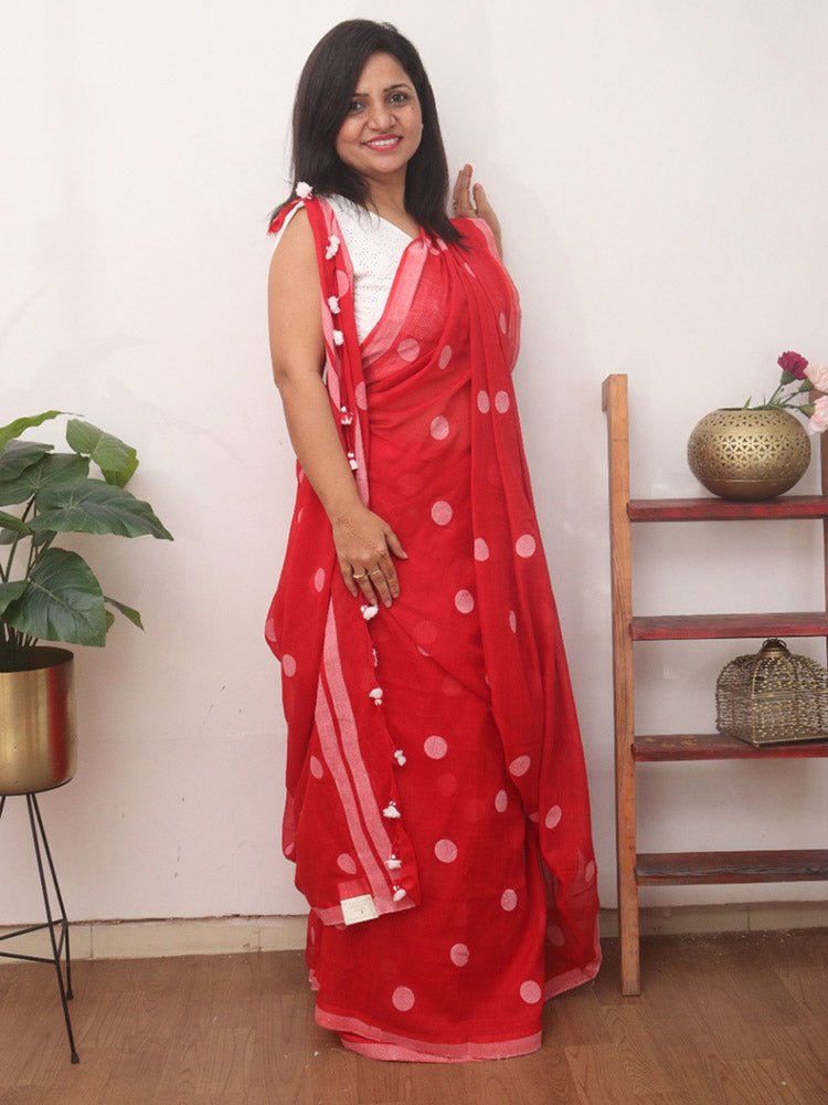 Red Bengal Cotton Polka Dots Saree - Luxurion World