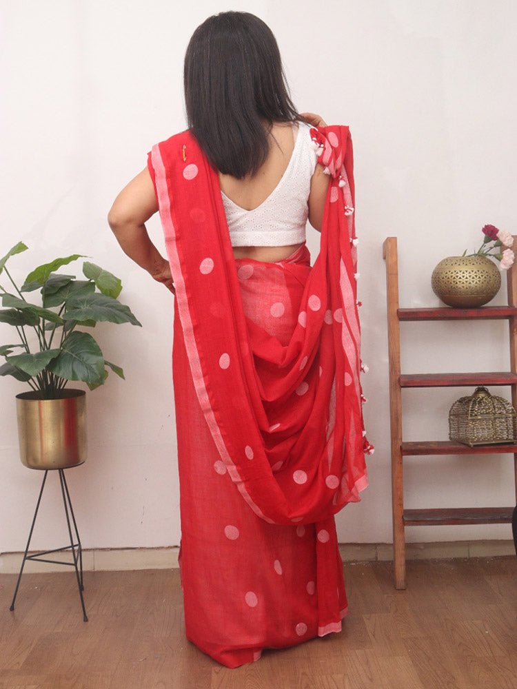 Red Bengal Cotton Polka Dots Saree - Luxurion World