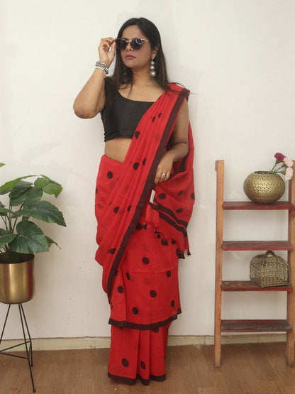 Red Bengal Cotton Polka Dots Saree - Luxurion World