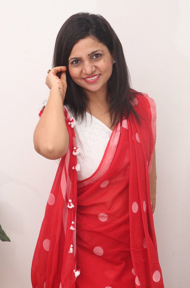 Red Bengal Cotton Polka Dots Saree - Luxurion World