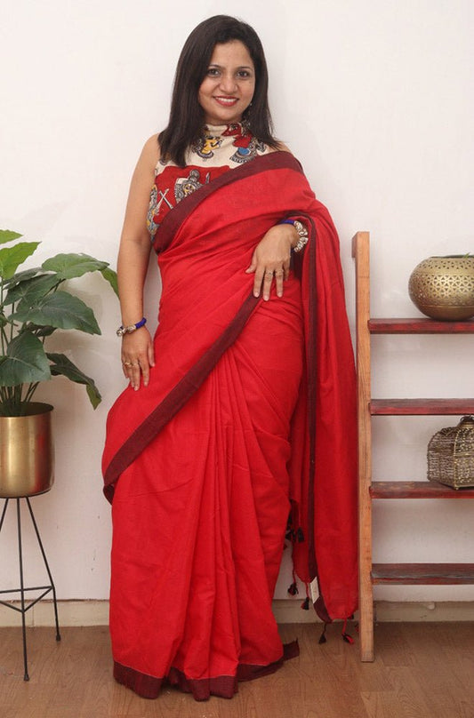 Red Bengal Plain Cotton Saree - Luxurion World