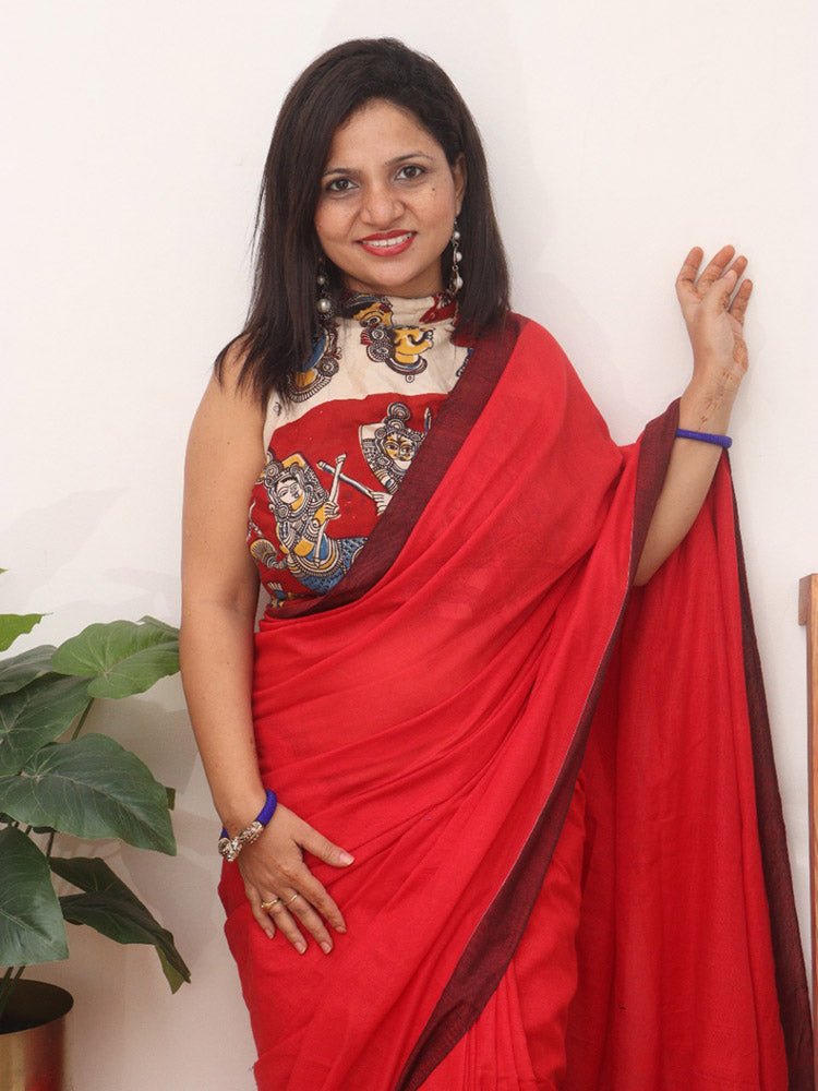 Red Bengal Plain Cotton Saree - Luxurion World