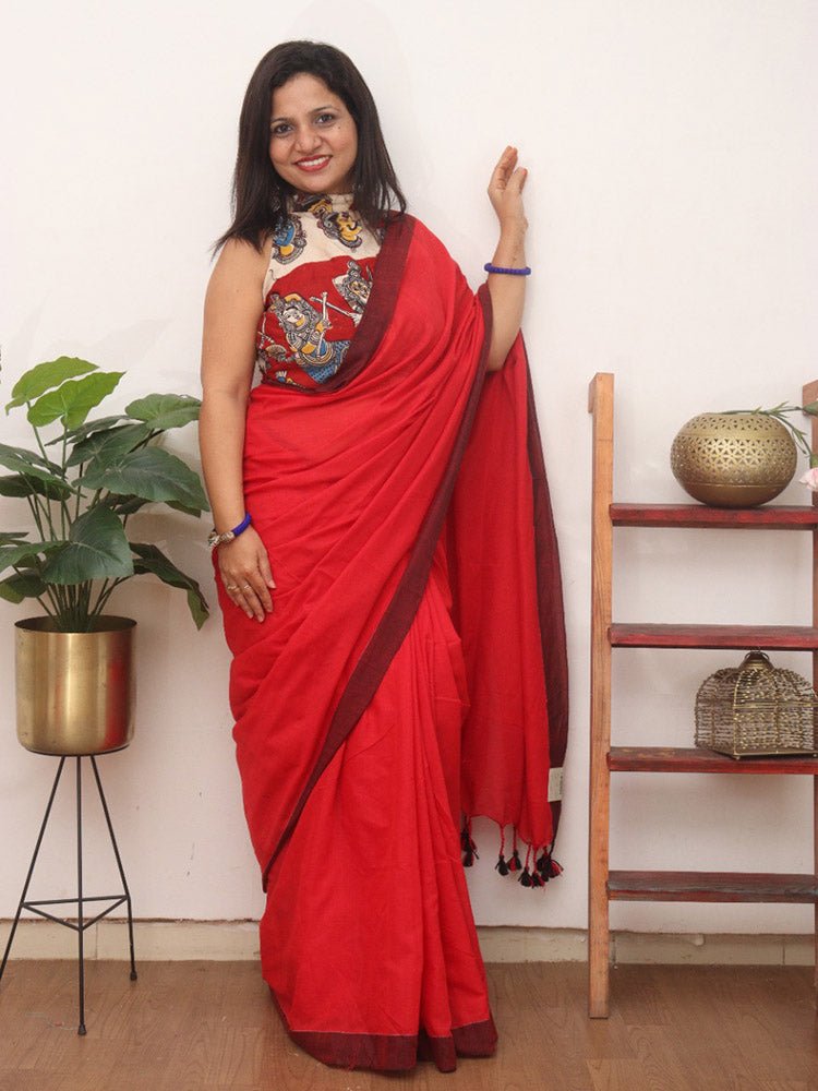 Red Bengal Plain Cotton Saree - Luxurion World