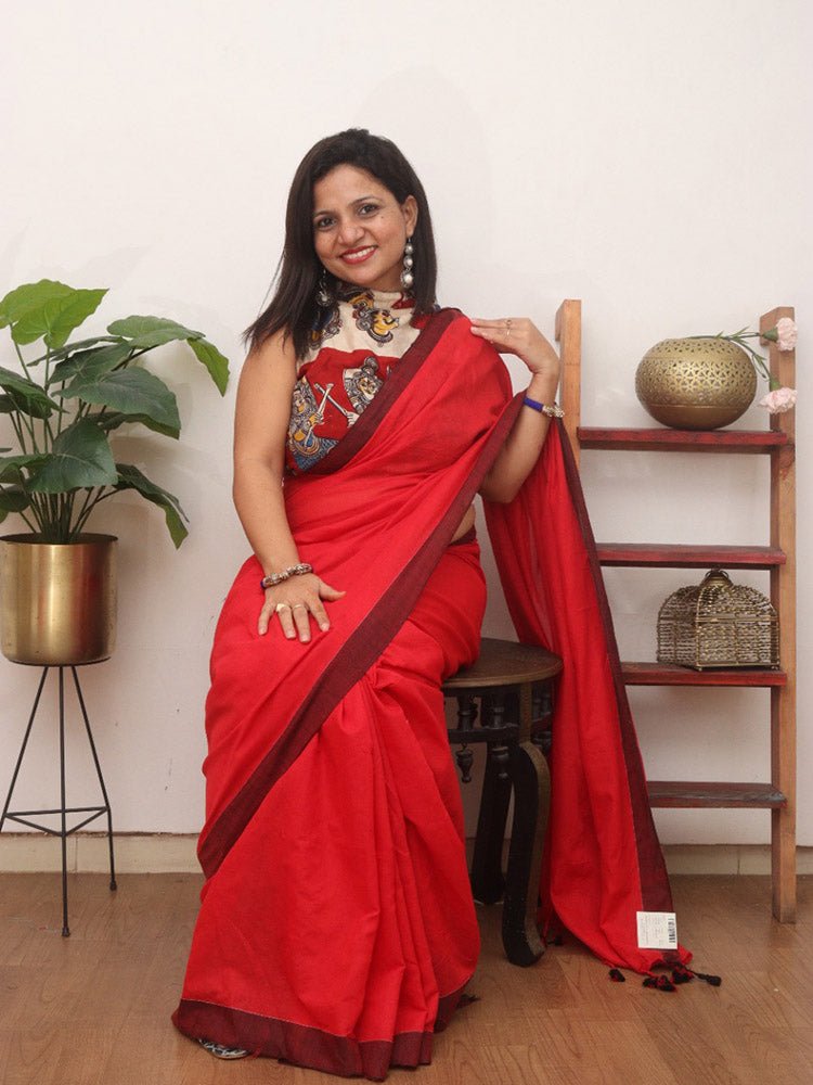 Red Bengal Plain Cotton Saree - Luxurion World