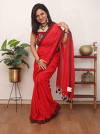Red Bengal Plain Cotton Saree - Luxurion World