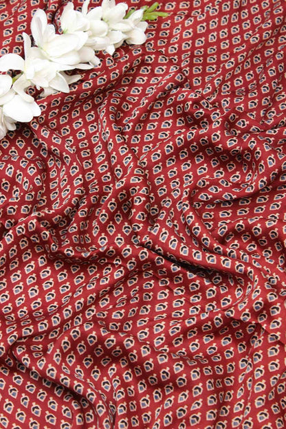 Red Block Printed Ajrakh Modal Silk Fabric ( 1 Mtr )