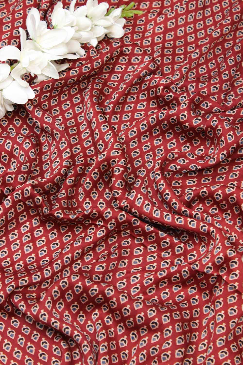 Red Block Printed Ajrakh Modal Silk Fabric ( 1 Mtr ) - Luxurion World