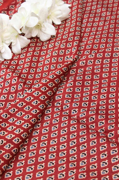 Red Block Printed Ajrakh Modal Silk Fabric ( 1 Mtr )
