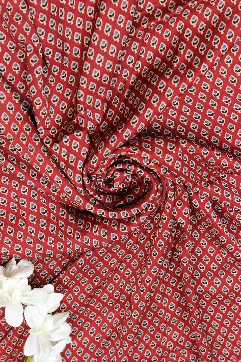 Red Block Printed Ajrakh Modal Silk Fabric ( 1 Mtr ) - Luxurion World
